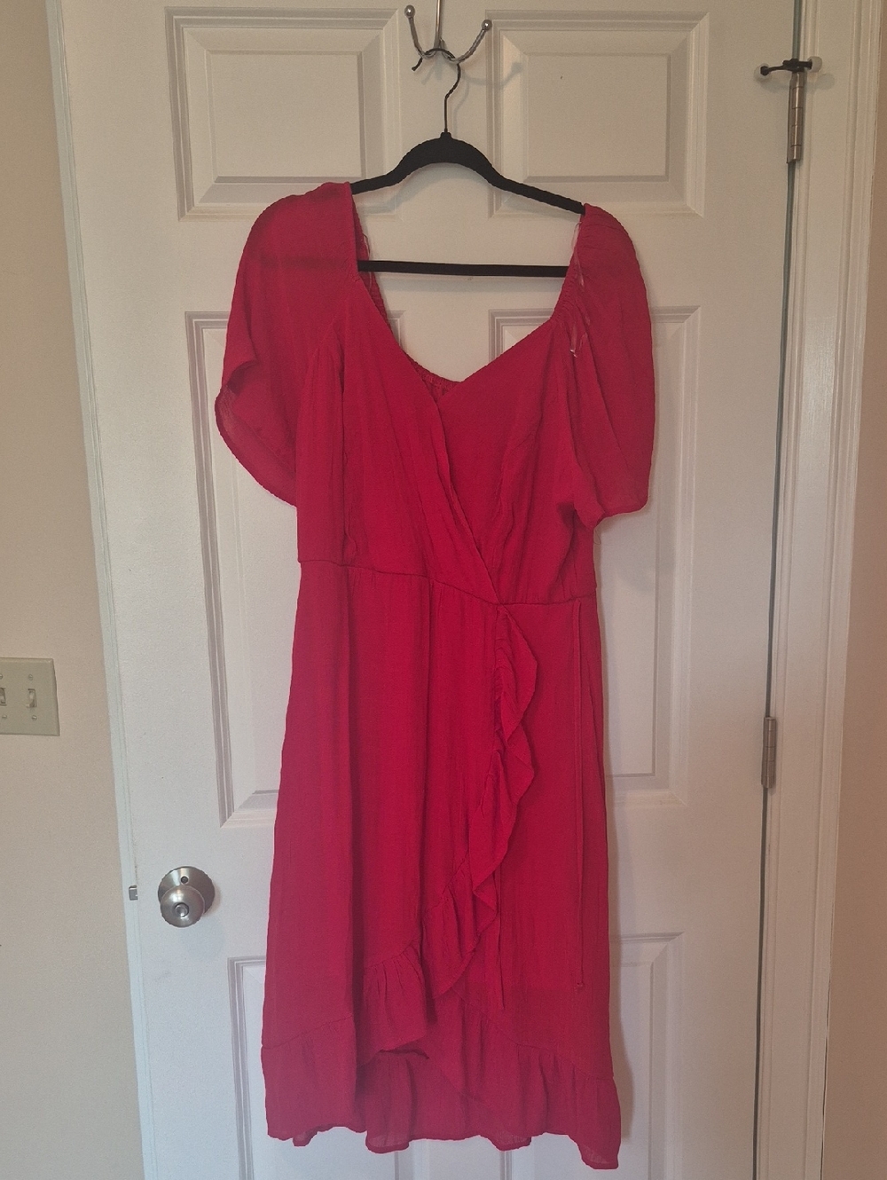 Luxology Red Wrap Midi Dress with Ruffle Trim